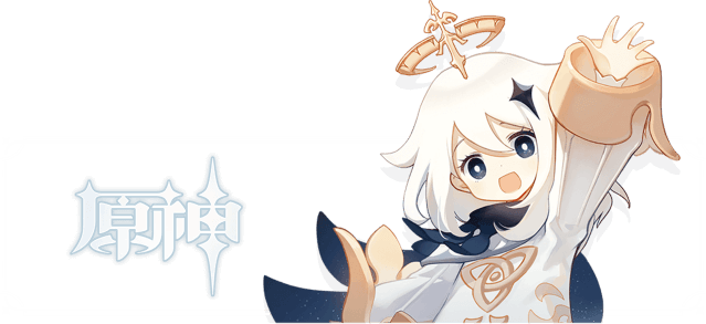Paimon chibi dando la bienvenida junto al logotipo de Genshin Impact